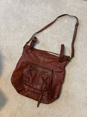 Lucky Brand Distressed Leather Shoulder Bag in Chestnut Brown
